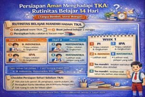 Infografis persiapan TKA 14 hari tanpa bimbel berisi rutinitas belajar mandiri, pembagian minggu 1–2, latihan soal dan tes mandiri, serta checklist persiapan sehari sebelum TKA seperti cek jadwal, alat tulis, identitas, dan rute ke lokasi ujian.
