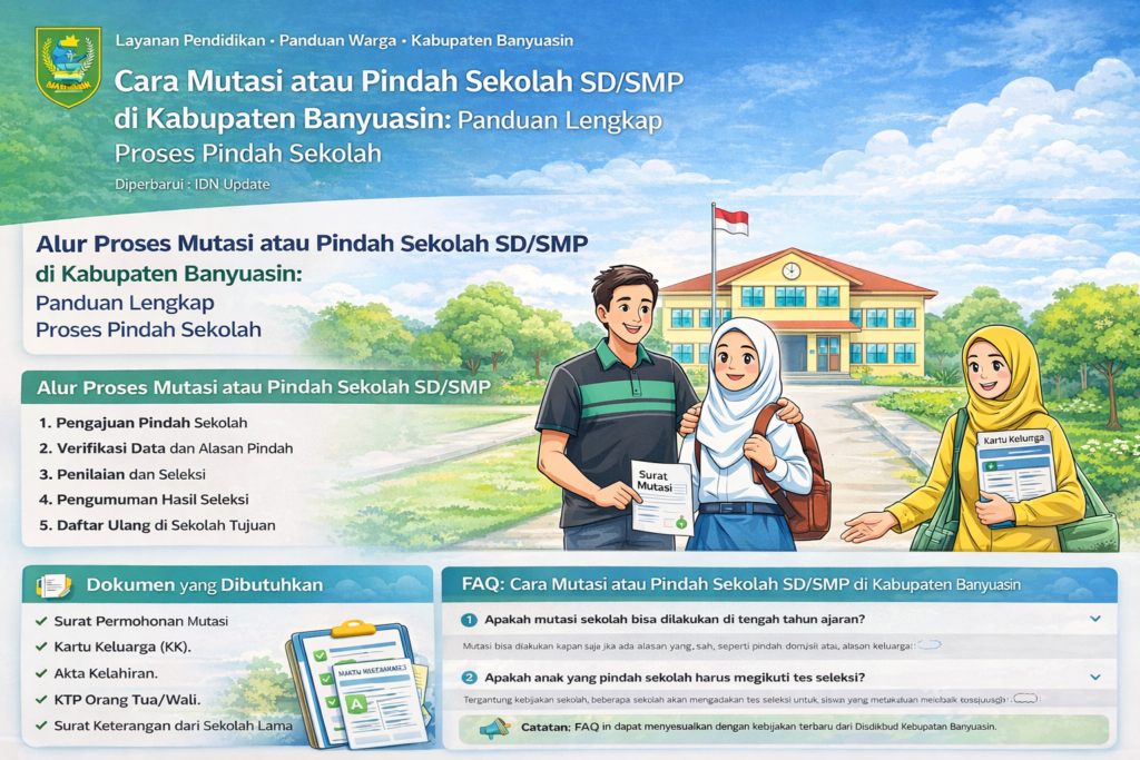 Ilustrasi alur proses mutasi atau pindah sekolah SD/SMP di Kabupaten Banyuasin, dengan keluarga menyerahkan dokumen ke sekolah dan ikon informasi pendidikan.