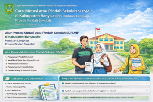 Ilustrasi alur proses mutasi atau pindah sekolah SD/SMP di Kabupaten Banyuasin, dengan keluarga menyerahkan dokumen ke sekolah dan ikon informasi pendidikan.