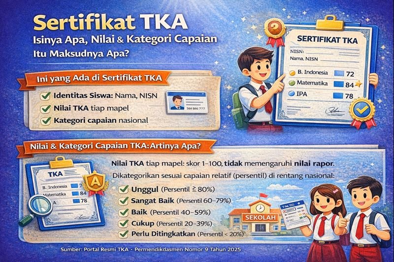 Infografis menjelaskan isi sertifikat TKA 2026, meliputi data peserta (nama, tanggal lahir, NISN), skor tiap mapel, skor total, serta kategori capaian seperti sangat baik, baik, cukup, dan perlu ditingkatkan, termasuk cara memahami nilai dan kategori berdasarkan rentang nasional.