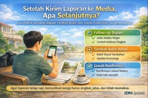 Infografis langkah setelah kirim laporan ke media di Banyuasin: follow-up sopan, tambah bukti aman, dan jawab konfirmasi