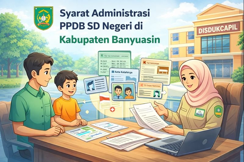 Ilustrasi proses pendaftaran PPDB SD Negeri di Kabupaten Banyuasin: orang tua dan anak menyerahkan dokumen kepada petugas Disdukcapil.