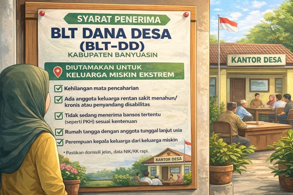 Poster syarat penerima BLT Dana Desa (BLT-DD) di Kabupaten Banyuasin: kriteria KPM keluarga miskin ekstrem