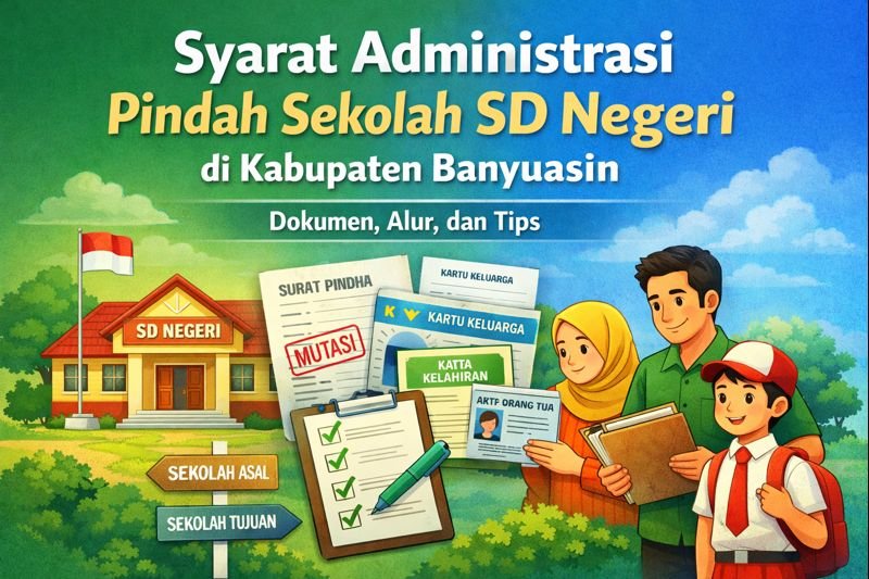 Ilustrasi orang tua mengurus administrasi pindah sekolah SD Negeri di Kabupaten Banyuasin dengan dokumen pendidikan anak