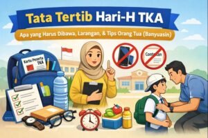 Ilustrasi tata tertib Hari-H TKA di Banyuasin: checklist kartu peserta, alat tulis, dan larangan membawa HP atau contekan.