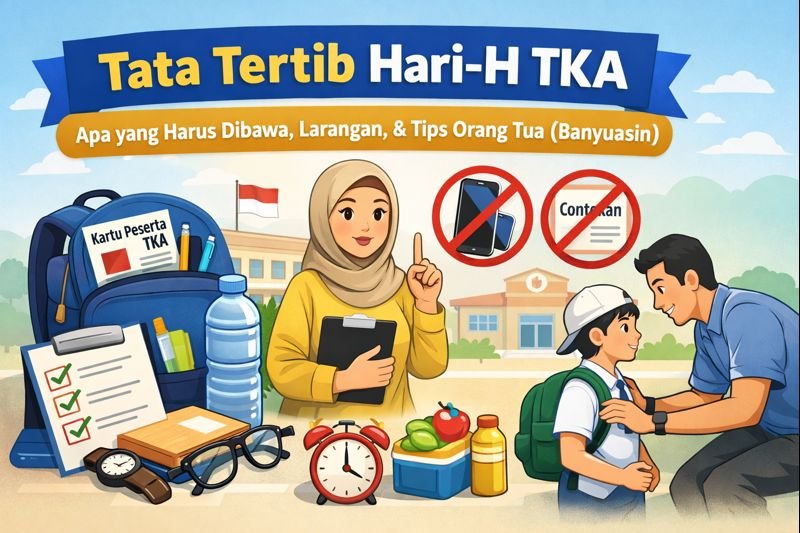 Ilustrasi tata tertib Hari-H TKA di Banyuasin: checklist kartu peserta, alat tulis, dan larangan membawa HP atau contekan.