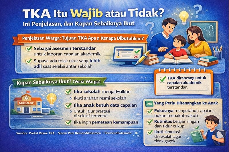 Infografis menjelaskan apakah TKA wajib atau tidak, tujuan TKA sebagai asesmen terstandar untuk laporan capaian akademik, alasan TKA dibutuhkan agar seleksi antar sekolah lebih adil, serta kapan sebaiknya ikut sesuai arahan sekolah dan kebutuhan data capaian.