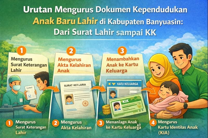 Ilustrasi urutan mengurus dokumen kependudukan anak baru lahir di Kabupaten Banyuasin dari surat lahir hingga kartu keluarga
