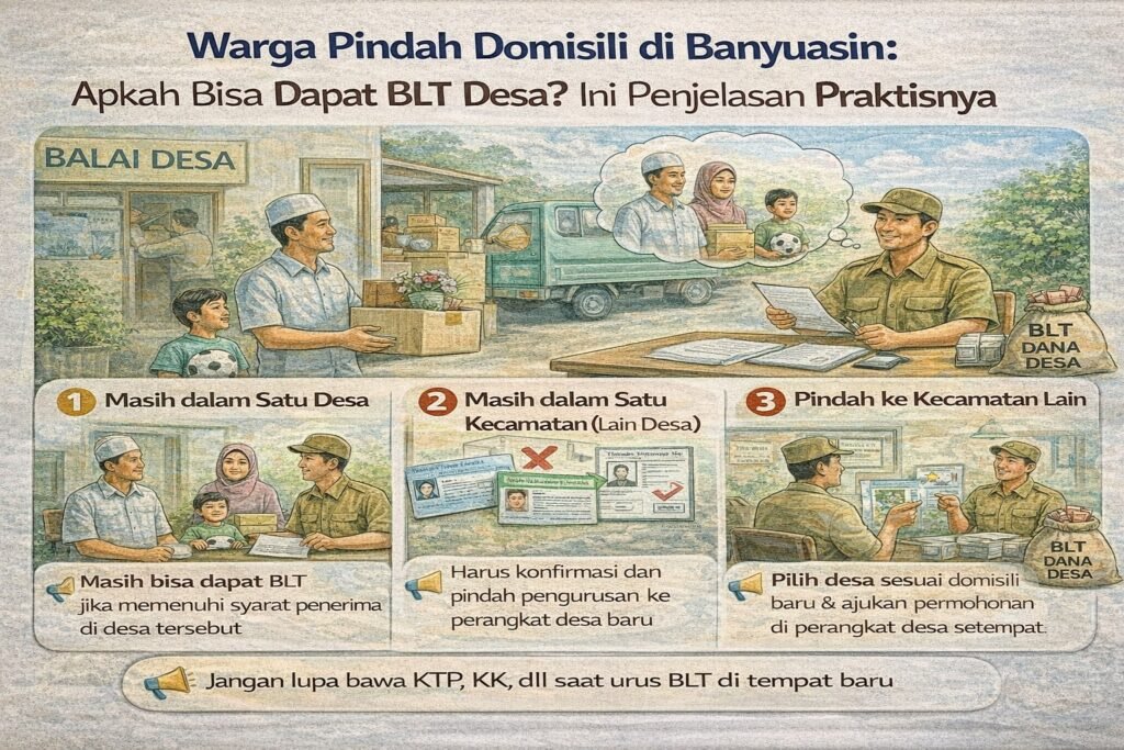 Infografis warga pindah domisili di Kabupaten Banyuasin: penjelasan apakah masih bisa menerima BLT Desa dan langkah yang perlu dilakukan