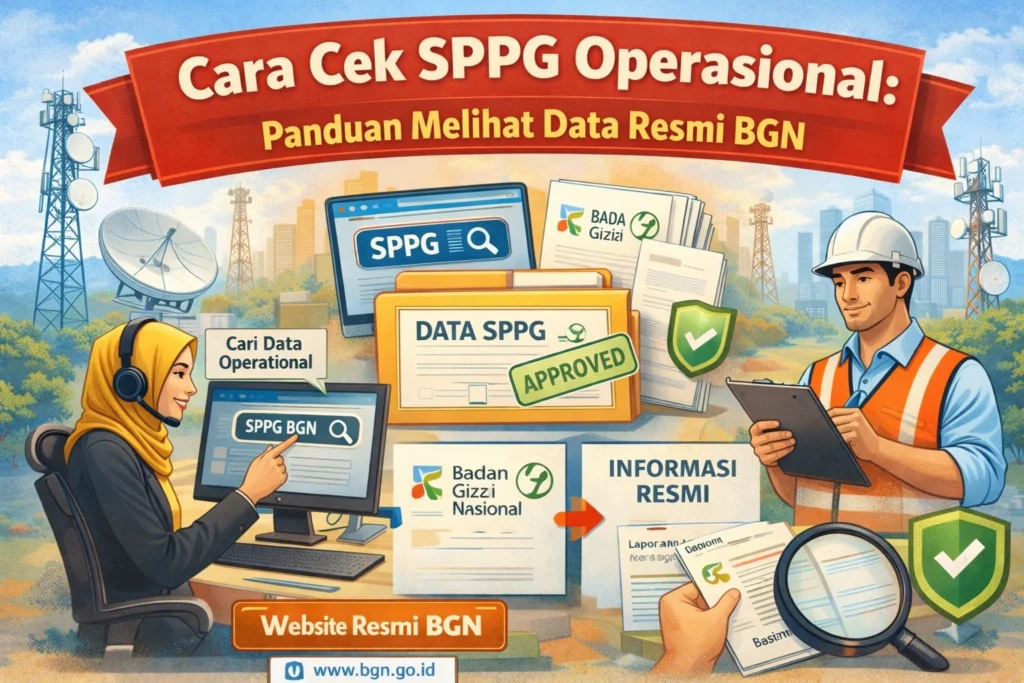 Ilustrasi cara cek SPPG operasional melalui data resmi BGN, menampilkan pencarian data dan verifikasi informasi