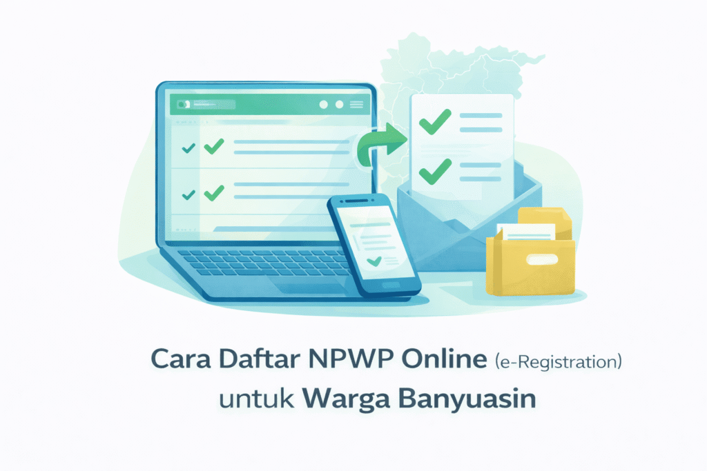 Ilustrasi pendaftaran NPWP online (e-Registration) untuk warga Banyuasin dengan formulir digital dan checklist berkas