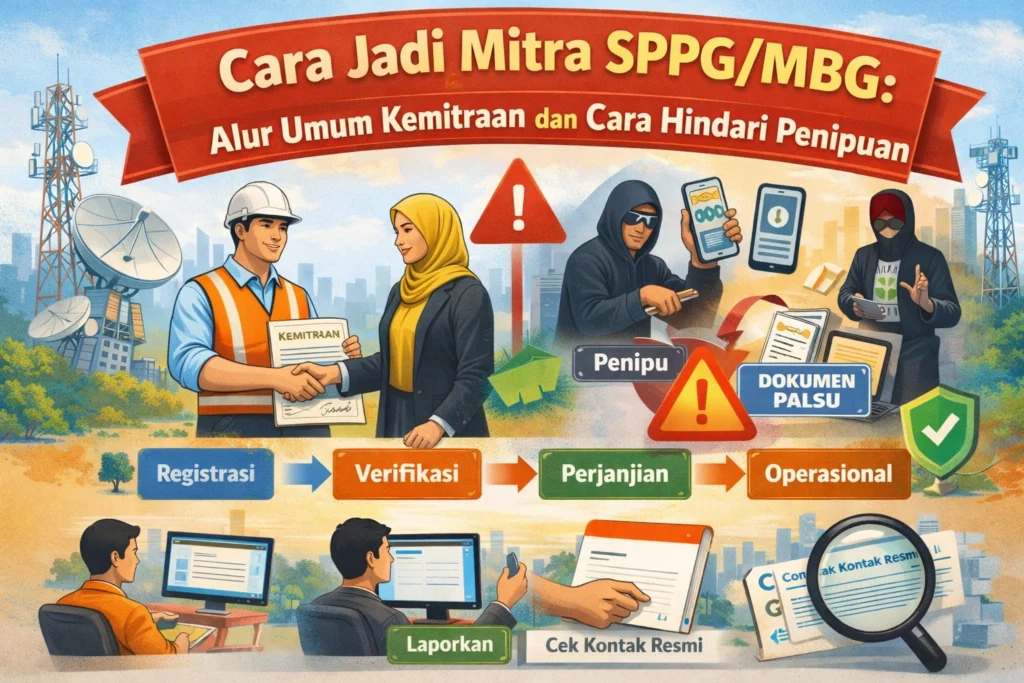 Ilustrasi cara jadi mitra SPPG/MBG dengan alur registrasi–verifikasi–perjanjian–operasional dan tips hindari penipuan