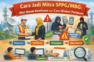 Ilustrasi cara jadi mitra SPPG/MBG dengan alur registrasi–verifikasi–perjanjian–operasional dan tips hindari penipuan