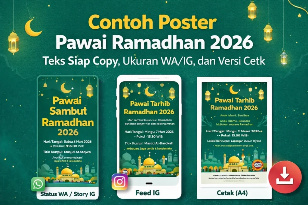 Ilustrasi contoh poster pawai Ramadhan 2026 dengan tiga format: Status WA/Story IG, Feed IG, dan cetak A4, bertema hijau dengan ikon masjid, bulan sabit, dan lentera.