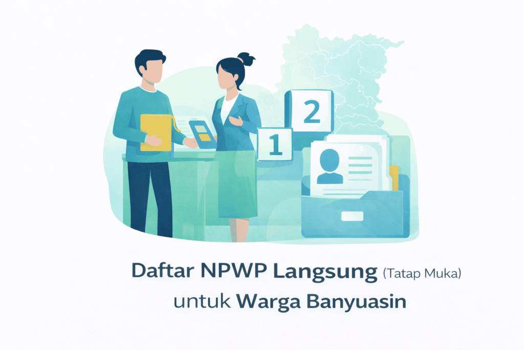 Ilustrasi layanan tatap muka pendaftaran NPWP untuk warga Banyuasin di loket pelayanan, lengkap dengan berkas dan nomor antrean