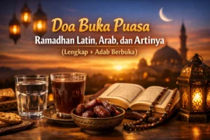 Ilustrasi doa buka puasa Ramadhan latin lengkap dengan kurma, air minum, dan lampu lentera