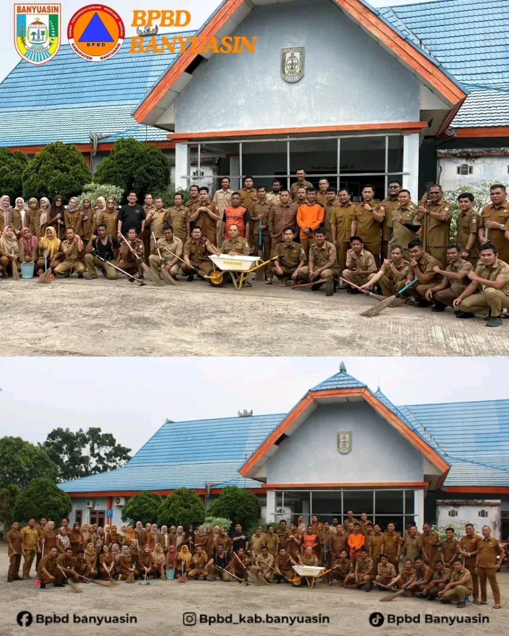 Pegawai BPBD Kabupaten Banyuasin berfoto bersama usai kegiatan Gerakan ASRI (Aman, Sehat, Resik, Indah) di lingkungan kantor pada 24 Februari 2026.