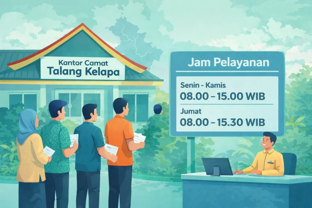 Ilustrasi warga mengantre di Kantor Camat Talang Kelapa dengan papan informasi jam pelayanan