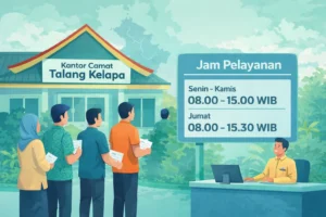 Ilustrasi warga mengantre di Kantor Camat Talang Kelapa dengan papan informasi jam pelayanan