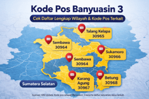 Ilustrasi kode pos untuk Kecamatan Banyuasin 3, dengan daftar kelurahan/desa dan kode pos masing-masing