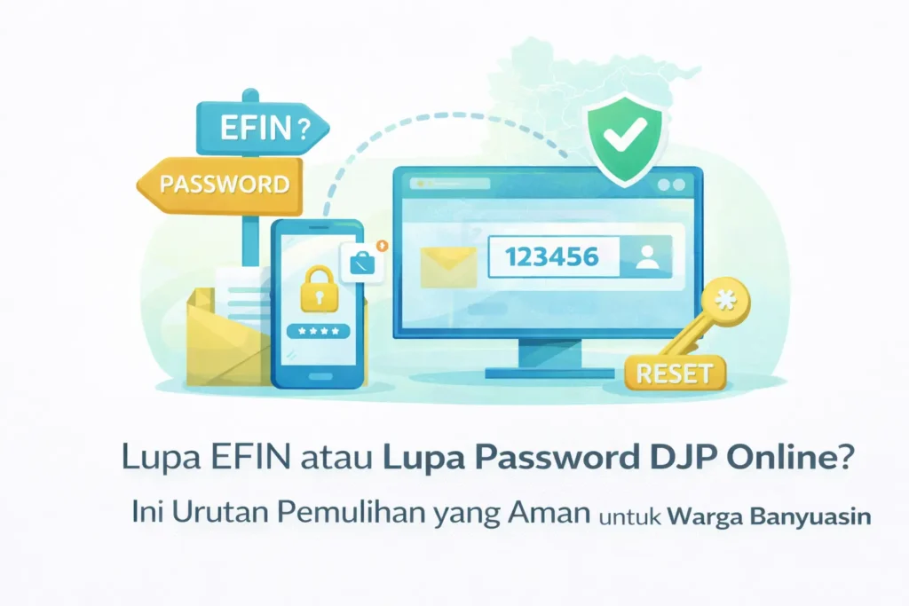 Ilustrasi pemulihan akun saat lupa EFIN atau lupa password DJP Online untuk warga Banyuasin dengan reset akses dan verifikasi keamanan