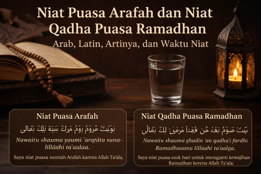 niat puasa Arafah dan niat qadha puasa Ramadhan dalam Arab dan latin dengan Al-Qur’an, tasbih, air minum, dan lentera