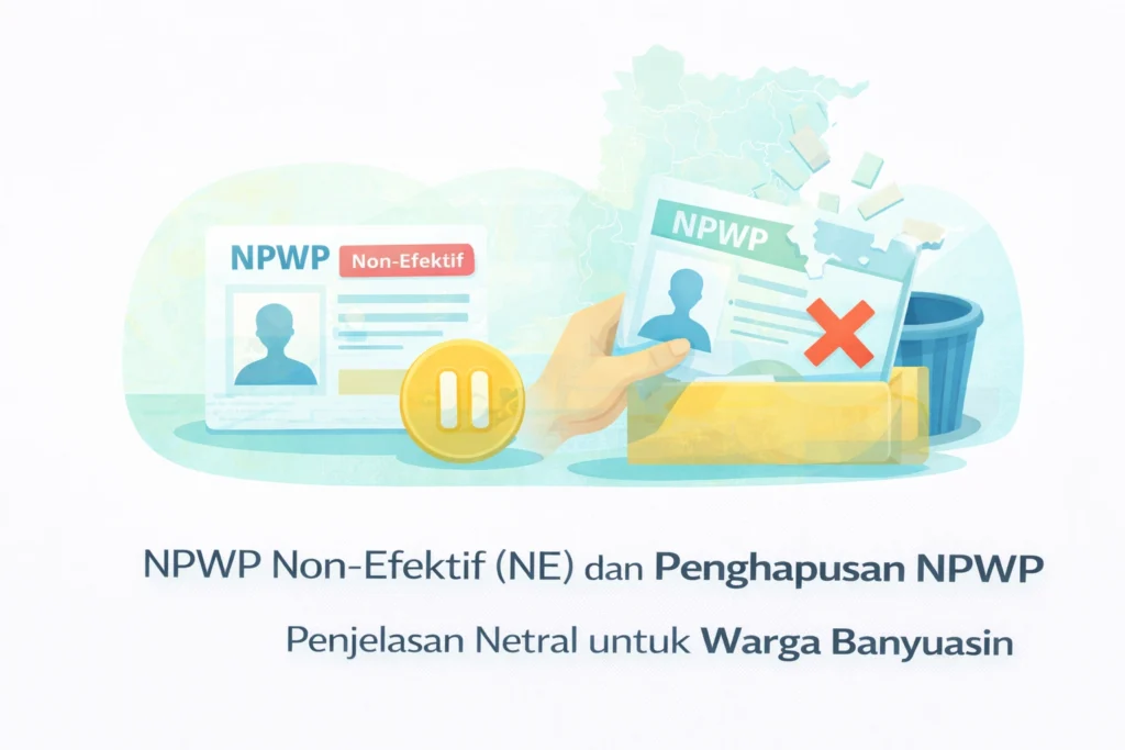 Ilustrasi perbedaan NPWP non-efektif (NE) dan penghapusan NPWP untuk warga Banyuasin dengan simbol jeda dan penghapusan