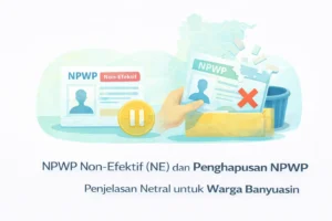 Ilustrasi perbedaan NPWP non-efektif (NE) dan penghapusan NPWP untuk warga Banyuasin dengan simbol jeda dan penghapusan