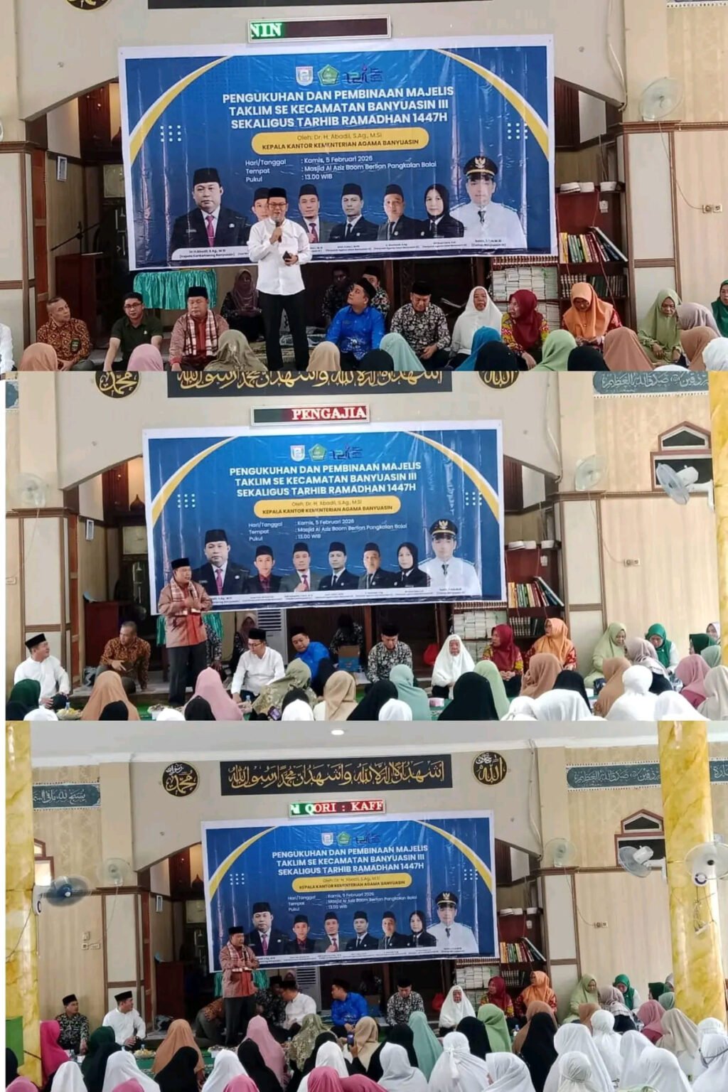 Kegiatan pengukuhan dan pembinaan Majelis Taklim Kecamatan Banyuasin III di Masjid Al-Aziz Pangkalan Balai, Kamis (5/2/2026).