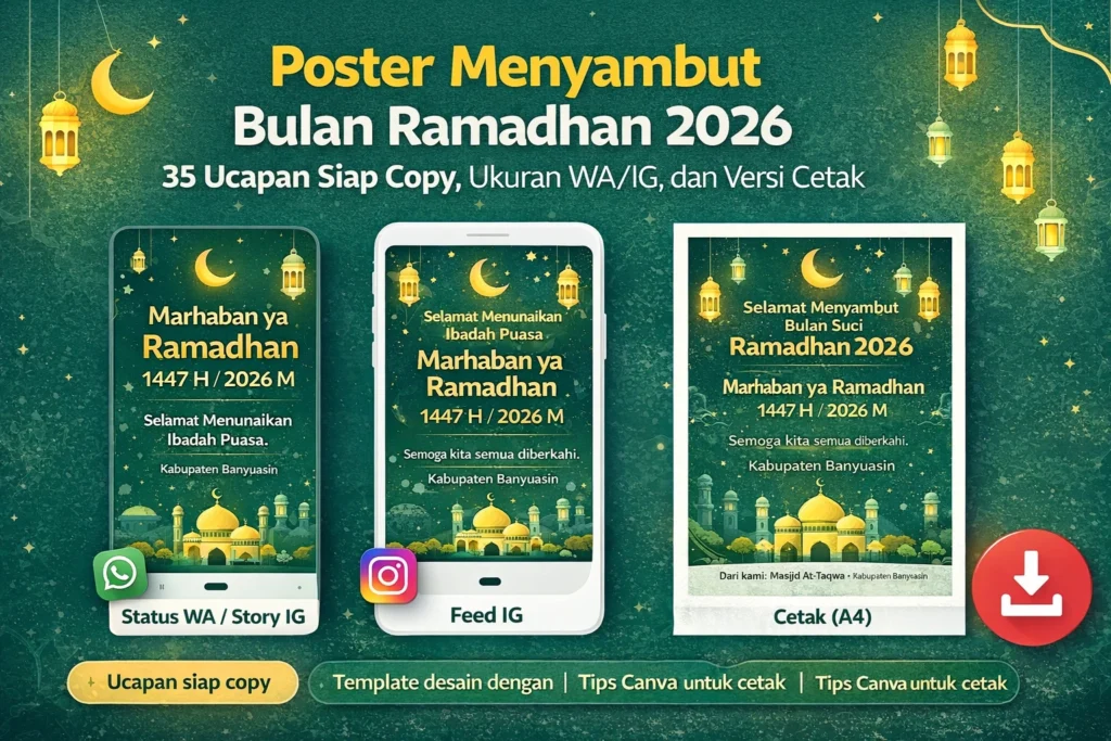 Ilustrasi poster menyambut bulan Ramadhan 2026 dengan contoh desain untuk Status WA/Story IG, Feed IG, dan cetak A4, bertema hijau dengan ikon lentera, bulan sabit, dan keterangan Kabupaten Banyuasin.