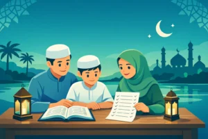 Ilustrasi keluarga muslim belajar nama-nama nabi dan membaca Asmaul Husna di suasana Ramadhan