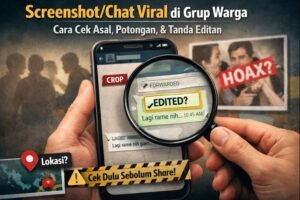 Ilustrasi verifikasi screenshot/chat viral di grup warga Banyuasin: cek asal, potongan konteks, dan tanda editan sebelum share