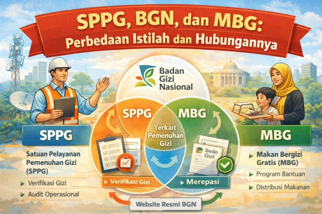 Infografik perbedaan SPPG, BGN, dan MBG beserta hubungannya dalam pemenuhan gizi