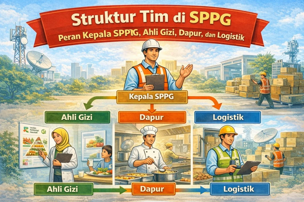 Ilustrasi struktur tim SPPG dengan peran Kepala SPPG, Ahli Gizi, Dapur, dan Logistik dalam satu alur kerja