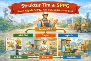 Ilustrasi struktur tim SPPG dengan peran Kepala SPPG, Ahli Gizi, Dapur, dan Logistik dalam satu alur kerja