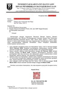 Surat edaran Disdikbud Banyuasin tentang libur sekolah Ramadhan 1447 H untuk PAUD SD dan SMP tahun 2026