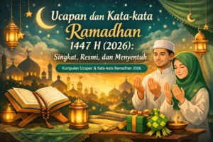 Ilustrasi ucapan dan kata-kata Ramadhan 1447 H (2026) dengan lampu lentera, bulan sabit, dan suasana ibadah