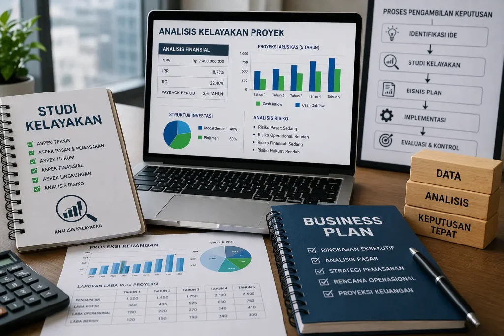 Ilustrasi analisis kelayakan proyek dan bisnis plan untuk mendukung keputusan investasi berbasis data