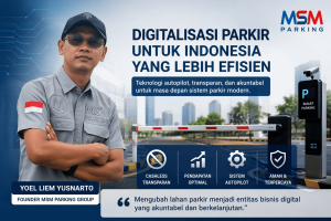 Ilustrasi digitalisasi sistem parkir MSM Parking dengan figur Yoel Liem Yusnarto dan perangkat smart parking