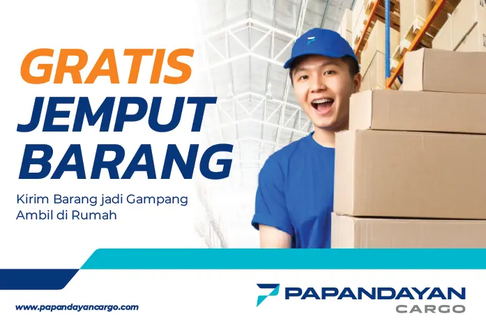 Banner promo gratis jemput barang dengan kurir dan tumpukan paket Papandayan Cargo