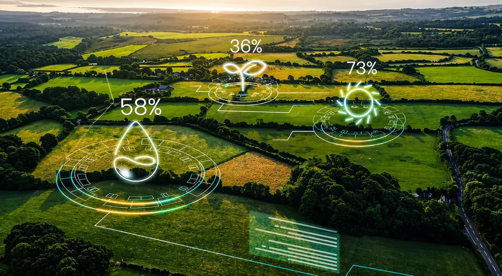 Ilustrasi lahan pertanian dari udara dengan tampilan data digital untuk pemantauan kondisi pertanian