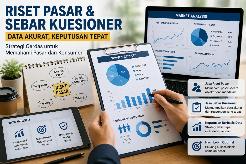 Ilustrasi riset pasar dan sebar kuesioner untuk pengambilan keputusan bisnis berbasis data