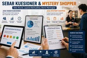 Ilustrasi sebar kuesioner dan mystery shopper untuk evaluasi layanan dan keputusan bisnis berbasis data