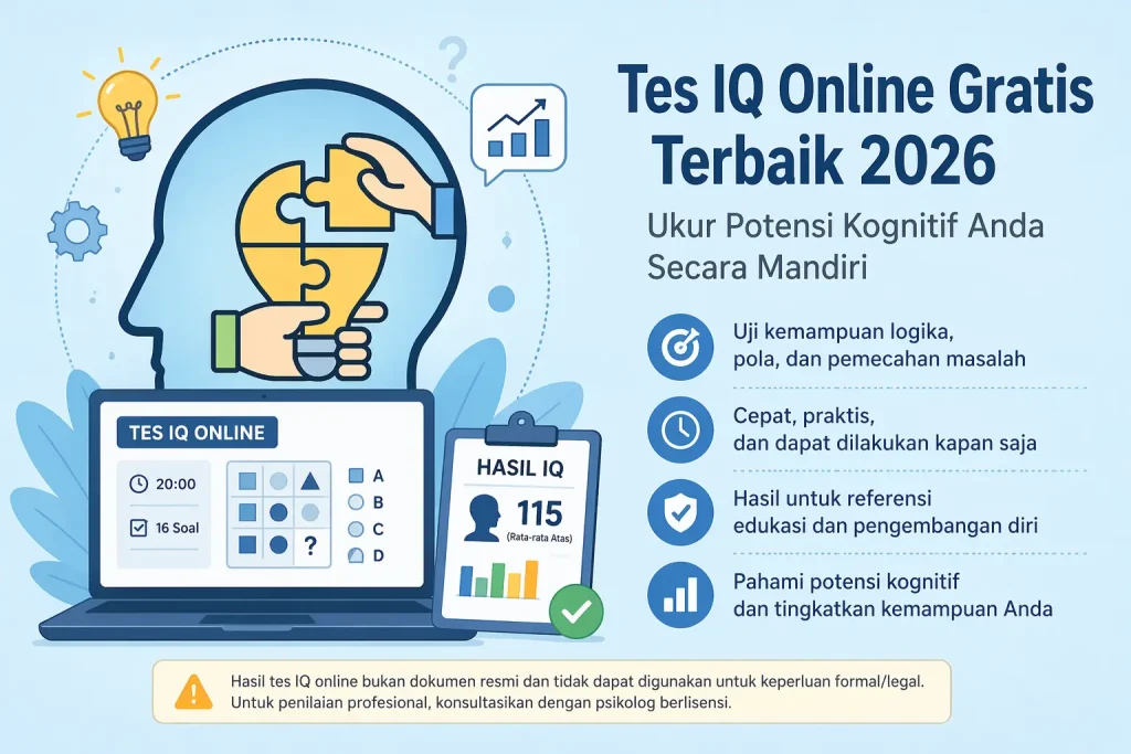 Ilustrasi tes IQ online gratis 2026 dengan elemen logika, pola gambar, hasil IQ, dan referensi edukasi