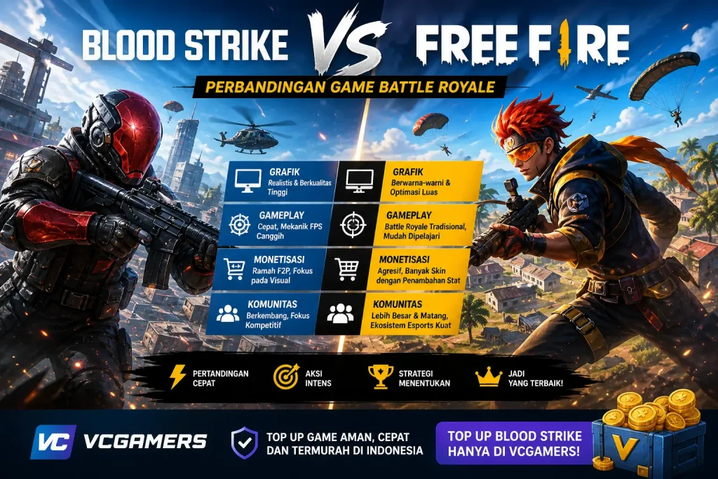 Ilustrasi perbandingan Blood Strike dan Free Fire dari segi grafik, gameplay, dan fitur game battle royale