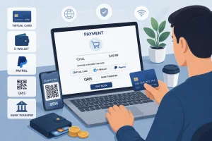 Ilustrasi pembayaran online tanpa kartu kredit menggunakan virtual card, e-wallet, QRIS, PayPal, dan transfer bank.