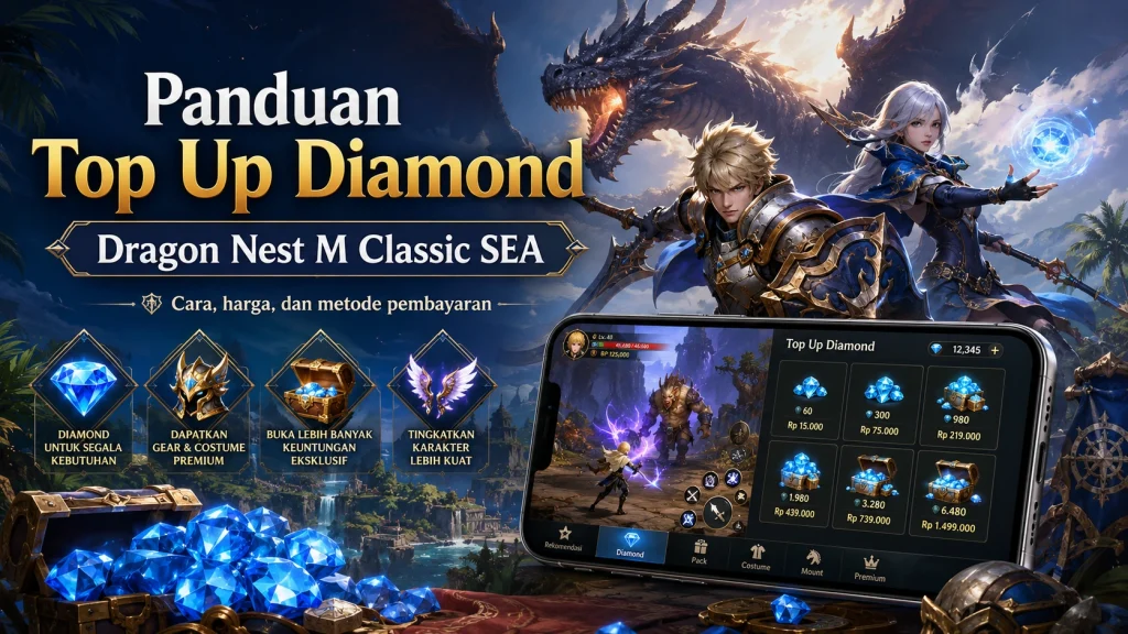 Ilustrasi panduan top up diamond Dragon Nest M Classic SEA dengan tampilan karakter, dragon, diamond, dan menu pembelian dalam game.
