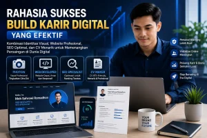 Ilustrasi membangun karir digital melalui personal branding, website profesional, SEO, PHOTOIN, dan CV Maker.
