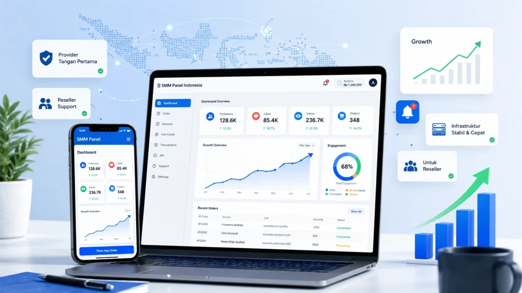 Ilustrasi dashboard SMM panel Indonesia untuk mendukung layanan social media marketing dan pertumbuhan akun bisnis