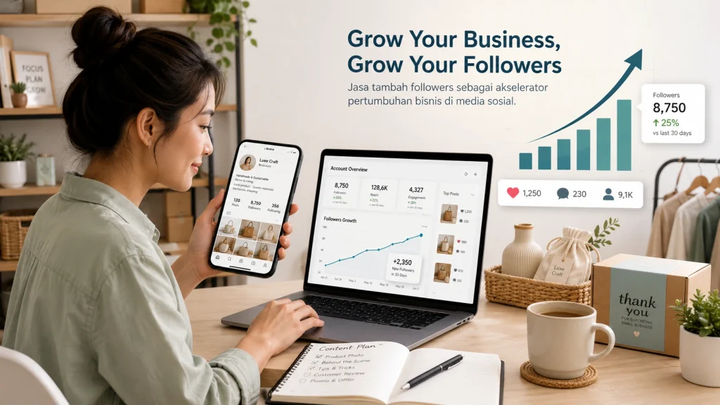Ilustrasi pelaku bisnis online memantau pertumbuhan followers Instagram melalui dashboard media sosial